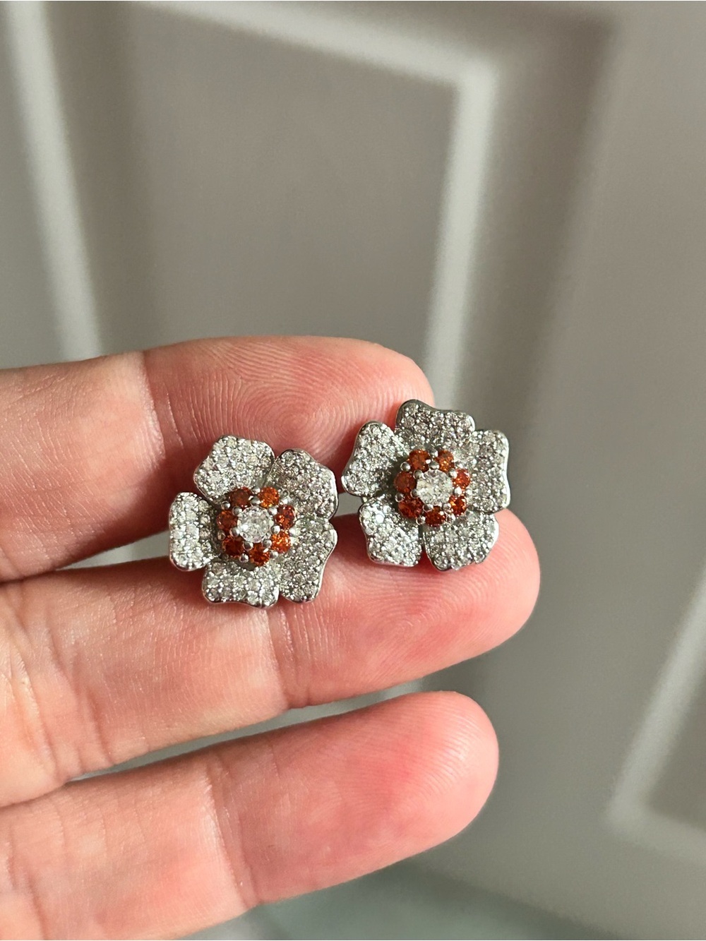 4/$50 Diamond Pavé Flower Stud Earrings with Orange Center Stones